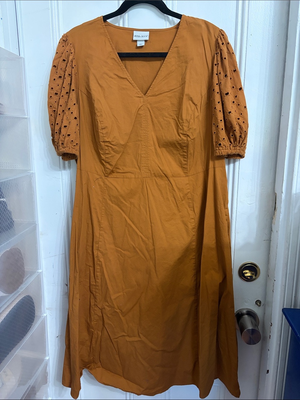 Ava & Viv Mustard Eyelet Puff Sleeve Midi Dress